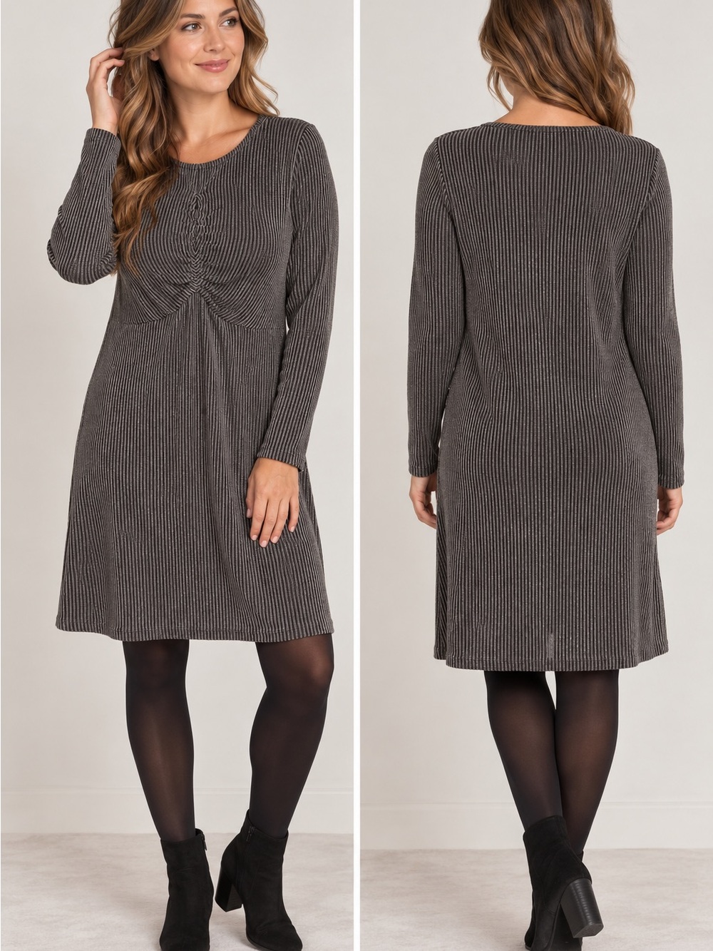 Bloomfield Gray Ribbed Knit Ruched Long Sleeve Dress Size M